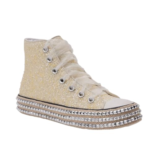 Womens High-Top Canvas Sneakers Studded Rhinestone Side Shoes Lace Up Fashion Shoes Casual Platform Ankle Boots