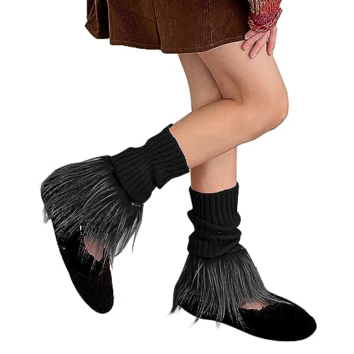 Image of Women Leg Warmer Girls Faux Fur Trim Knitted Leg Cover Lolita Winter Warm Long Socks Furry Boot Cuff
