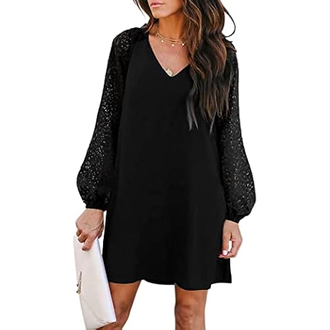 BeLuring Womens Clearance Dresses Casual Vneck Sexy Lace Sleeves Tunic Dress Black Size 12 14 Cover