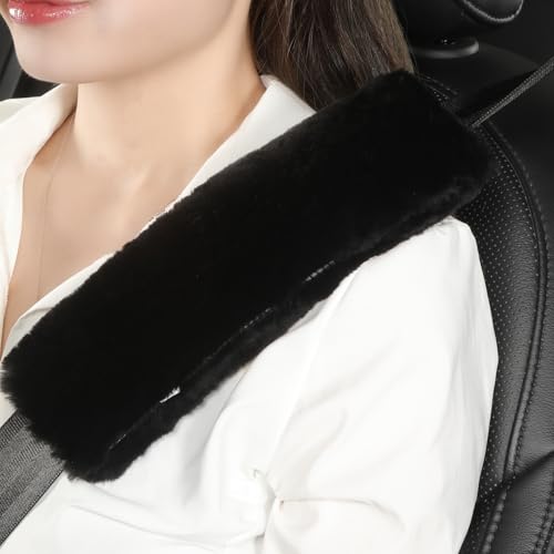 AOGELAN 2 Pack Black Fluffy Fuzzy Genuine Sheepskin Car Seat Belt Cover Pad, Seatbelt Cushion for Soft Auto Lambswool Shoulder Strap Cushion Adults...