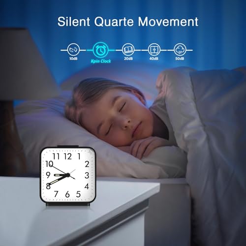 Image of Analog Alarm Clocks, Non Ticking Table Clock with Luminous Hand & Large Display, Battery Powered Silent Bedside Alarm Clock with Snooze & Night Light Function, for Bedroom, Office