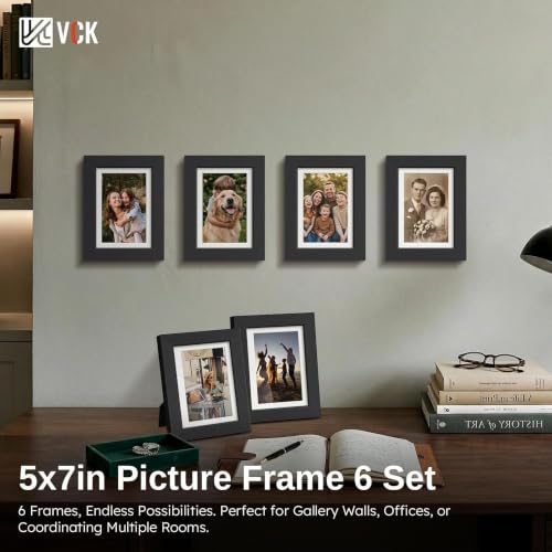 Image of VCK 5x7 Picture Frame Set of 6, Black Wood, 4x6 Mat, Glass, for Photo Print