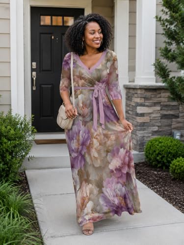 Image of Plus Size Maxi Dress for Women V Neck 3 /4 Sleeve Wrap Dress