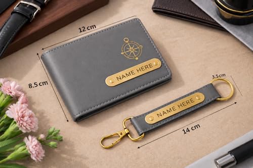 Image of Premium Customized Wallet & Keychain Combo for Men - Stylish Faux Leather Gift Set with Personalized Name & Charm - Ideal Birthday, Anniversary & Festival Present (Grey)