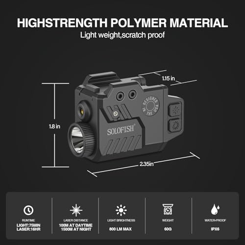 Image of Solofish 800 Lumens Adjustable Pistol Light Laser Combo, Strobe Function Blue Laser and Tactical Light Fits for Full Size with Rail