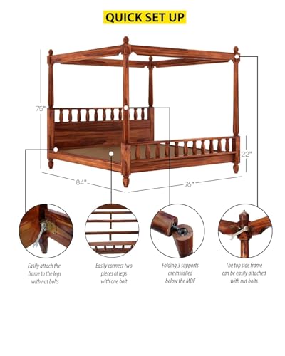 Image of Solid Sheesham Wood King Size Bed for Bedroom, King Size Poster Bed, Wooden Double Bed, Cot Bed Furniture for Bedroom Home and Hotel (Honey Finish - King Size)
