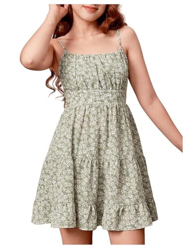 SweatyRocks Girl's Spaghetti Strap Ruched Cami Dress Floral Print Ruffle Flared Mini Dresses