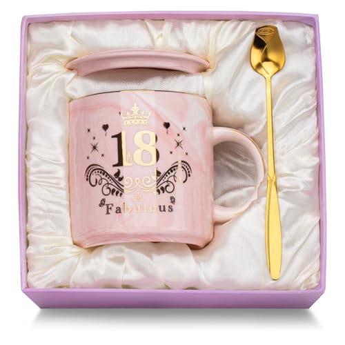 Caneca de cerâmica rosa para meninas de 18 anos - presente original com tampa, colher e caixa de presente - ideal para aniversários, amigas, filha, irmãs