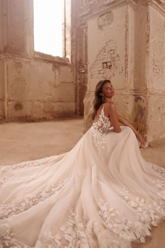 Zeeyecie Spaghetti Strap Wedding Dresses for Bride Deep V-Neck Backless A-Line Lace Applique Bridal Gown with Train4