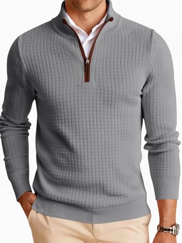 Runcati Mens Quarter Zip Pullover Sweaters Mock Neck Slim Fit Lightweight Pullover Waffle Knit Casual Polo Sweater