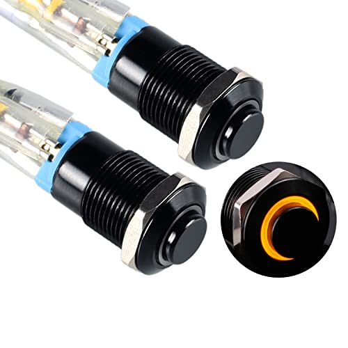 Dmwd 2Pcs 12Mm Micro Metal Latching Push Button Switch Raised Head Waterproof Anti-Vandal Self-Locking Black Shell With Wires For 1/2" Mounting Hole 12V-24V On Off 4-Pin 1No Halo Ring Led Light Yellow #TOP23