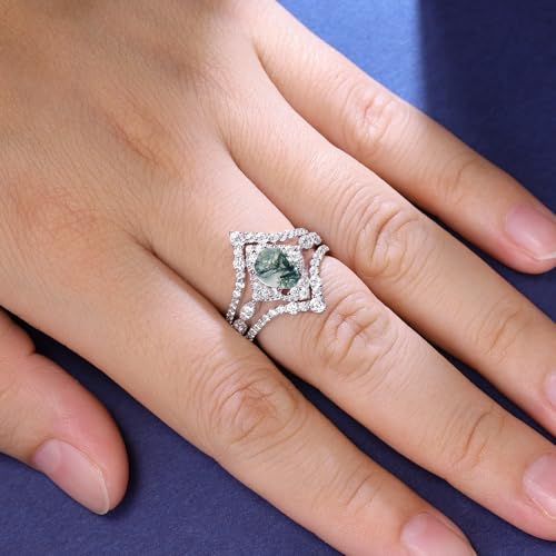 3PCS Natural Moss Agate Wedding Ring Set for Women with Moissanite 1CT Center Pear Cut Natural Moss Agate Ring Set 925 Sterling Silver 10K 14K 18K Gold2
