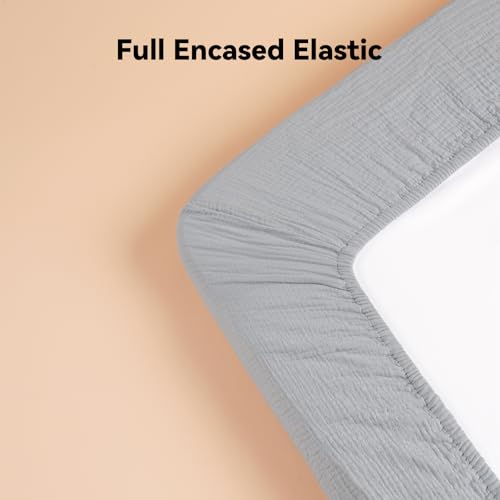 Image of TILLYOU Muslin Mini Crib Sheets 2 Pack, Pack and Play Mattress Sheets Fitted for Pack N Play, 38 x 26 Sheet for Toddler, Grey and Blue