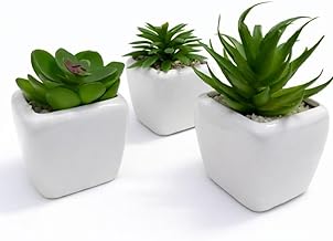 Realistic Decor Artificial Cactus Set – 3 Pieces Small Artificial Plants in Square White Ceramic Pots – Elegant Maintenance Free Home & Office Decor – Suitable for Tables & Bookshelves