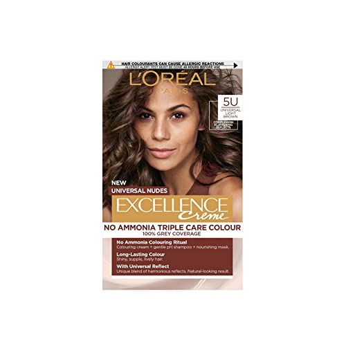 L’Oréal Excellence Permanent Hair Dye Colouring Cream, 100% Grey Coverage, With Pro-Keratin + Ammonia-Free, Universal Nudes, 5U Light Brown