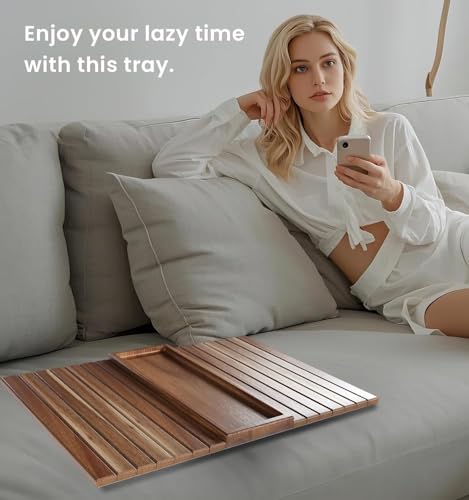 Image of Sofa Armrest Tray Table | Flexible Wooden Couch Arm Tray for Snacks, Drinks, Cup, Remote and Dining Matt | Sofa Side Cover | Bed Table | Food Safe Oil Finish