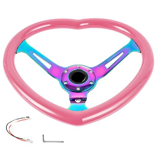 idain Heart-Shaped Racing Steering Wheel for Car & Golf Cart – Cute Sporty Universal Fit, Aluminum Alloy, ABS Grip – Drift Style Modification (Pink)
