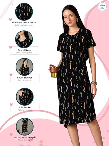 Image of 9shines Label Hosiery Cotton Knee Length Short Night Dress | Short Nighty for Women with Pocket | Graphic Print Nightwear | Night Gown for Women (M-7XL)