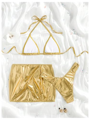 SOLY HUX Women's 3 Piece Swimsuit Metallic Halter Triangle Bikini Set Bathing Suit with Cover Up Beach Skirt2