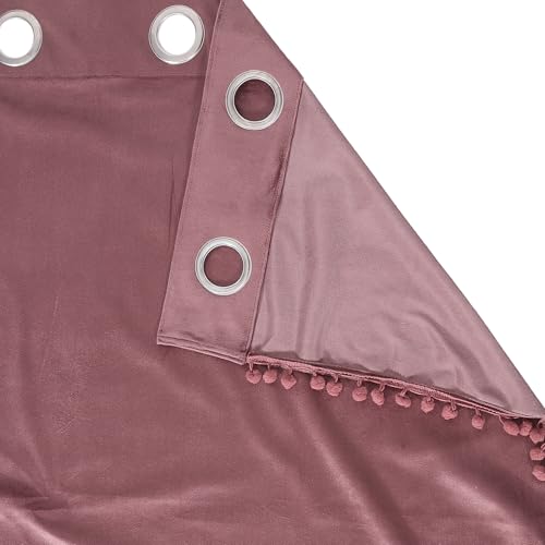 Image of STITCHNEST Premium Velvet Semi Blackout Curtains with Pom Pom - Pack of 1 Door Curtains, Elegant Peach Color - Room Darkening for Bedroom & Living Room (Size: 9ft)
