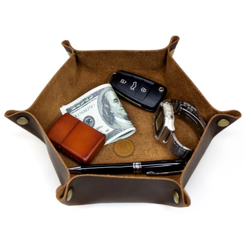 Image of boshiho Valet Tray for Men, Leather Jewelry Catchall Key Phone Coin Box Change Caddy Bedside Storage Box (Chocolate)