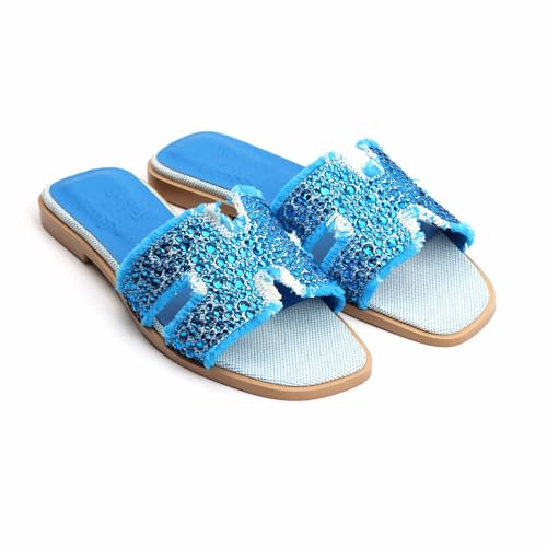 XOBZJH Evening Dress Shoes Rhinestone H-Band Black Flat Sandals for Women 2025,Designer Luxury Crystals Slides Sandals for Wedding Party Slippers Footwear3