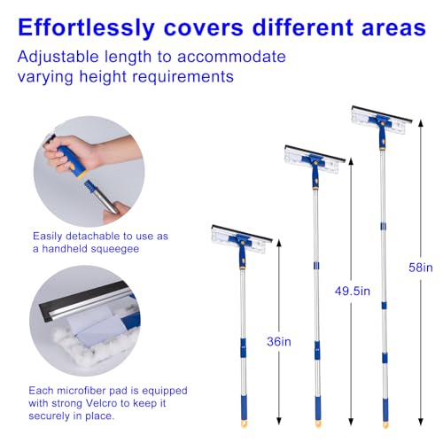 Image of Squeegee for Window Cleaning with Extendable Pole, 53 inch 2-in-1 Window Cleaning Tool Kit, Shower Squeegee with Long Handle, Indoor /Outdoor High Window Cleaning-Two Pads