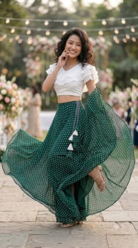 Image of Women's Lycra Top with Georgette Skirt | Polka Dot Print Long Flared Maxi | Full Length Flowy Skirt for Women | Stylish Casual Wear