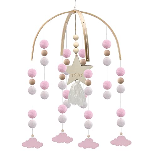 Image of Handmade Boho Crib Mobile - Felt Nursery Mobile with Pom Poms - Neutral Colors - Cloud Theme - Pink & White