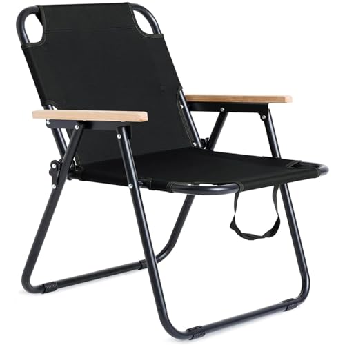 Silla plegable de camping, camping con reposabrazos, capacidad de carga de 150 kg, silla plegable de pesca, silla de jardín, silla de camping, para camping, jardín, balcón, playa (negro)