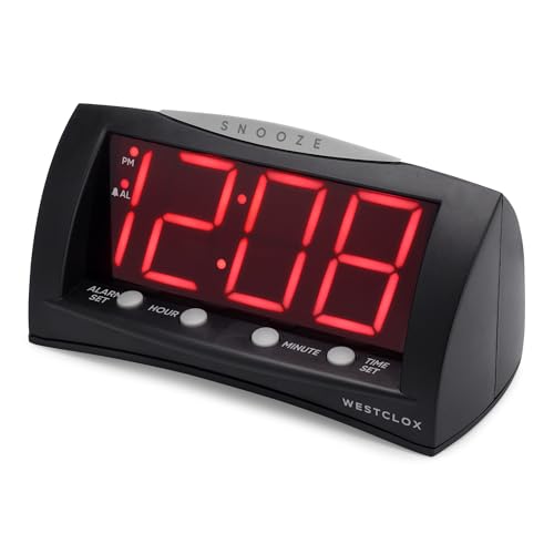 Image of Westclox Digital Alarm Clock for Bedroom or Office, Large 1.8 inch Red LED Display with Oversized Snooze Bar, Corded with Battery Backup, (Black, 8-Inch)