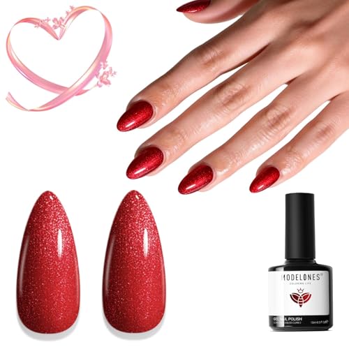 Image of modelones Glitter Gel Nail Polish Pastel Red Gel Nail Polish Soak-Off UV Gel Polish - 28+ Days Long-Lasting Salon-Quality Nail Art DIY Manicure & Gift 15ML