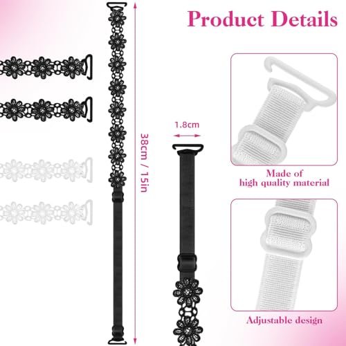 Sichumaria 2 Pairs Lace Flower Bra Straps,Adjustable Non-Slip Bra Straps Replacement Elastic Bra Shoulder Straps Non-Slip Lingerie Straps for Women Girls Tops Dress White and Black - Image 3