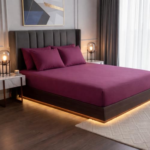 Image of 400TC Cotton Feel Glace Cotton Double Bed Elastic Fitted Bedsheet King Size Set || Includes 1 Solid Plain Fitted Bedsheet King Size with 2 Pillow Covers (78 x 72 Inches, Plum)