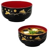 JapanBargain, Set of 2 Japanese Lacquered Soup Bowls – 16oz Rice, Cereal, or Donburi Bowls – Bunny and Moon Pattern, Black & Red – Made in Japan