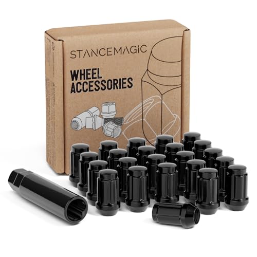 Image of StanceMagic - 23pcs Tuner Spline Lug Nuts - 1 /2x20 Threads, Closed End, Cone Seat - Includes Socket Key Tool - Compatible with Jeep Cherokee Wrangler Liberty and More - Black, 1.4in Length