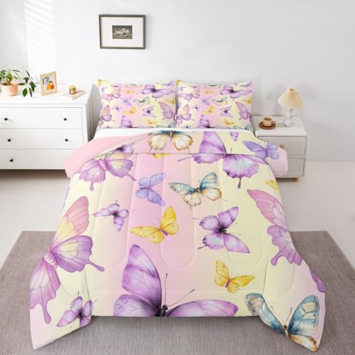Image of Erosebridal Purple Yellow Butterflies Queen Comforter Set for Kids Teens Adults,Colorful Garden Wildlife Bedding Set,Rustic Farmhouse Duvet Insert,Modern Aesthetic Bed Set for All Season