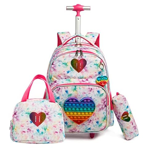 HTgroce Rolling Backpack for Girls Backpack 16 inch Set 3 in 1 with Lunch Bag and Pencil Case Bag Gift for Kids Girls Backpack Trolley Bag Cover
