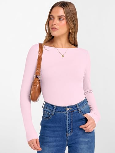 Image of ANRABESS Women's Boat Neck Long Sleeve Shirts Rib Knit Slim Fitting Tops Basic Tees 2026 Casual Comfy Fall Outfits Clothes