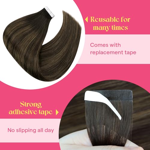 Image of Ve Sunny Hair Tape in Hair Extensions Human Hair 24Inch Long | Darkest Brown with Medium Brown Balayage,50g 20Pcs,Smooth Soft,for Daily Use
