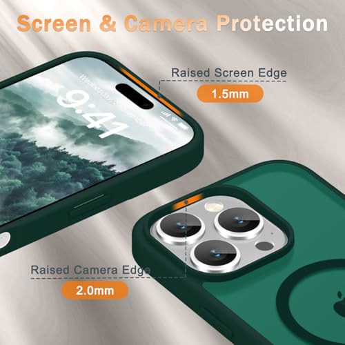Image of YENAPOON for iPhone 16 Pro Case, Matte Magnetic Phone Cover [with 1 Screen Protector] [Support for MagSafe] [Shockproof Military Grade Protection] Translucent Frosted Back, Dark Green