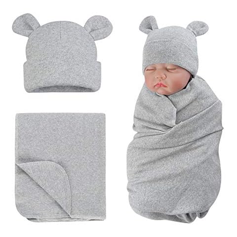 PESAAT Cotton Baby Swaddle Hat Set Newborn Infant Hats Receiving Blankets for Baby Boys Girls (Gray, 0-6 Months) Cover