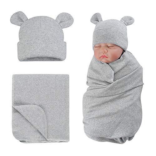 Image of PESAAT Cotton Baby Swaddle Hat Set Newborn Infant Hats Receiving Blankets for Baby Boys Girls