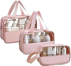 RUSHTEX Makeup Bag Set – Clear Toiletry Bags with PU Leather, Travel Cosmetic Organizer Pouches for Women & Men – Portable Hanging Skincare, Bathroom, and Beauty Storage Bags (Pink)