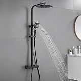 Auralum - Columna Ducha Termostática Negro con 9" Ducha de Lluvia + Ducha de Mano Columna Hidromasaje Ducha Altura Ajustable Set de Ducha Termostática Cuadrado para Baño