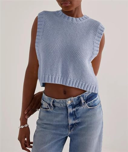 Image of BAIGRAM Women's Open Back Knit Cropped Sweater Vest Backless Bow Tie Sleeveless Tank Tops Cute Y2k Pullover Tops Trendy Blue, Large
