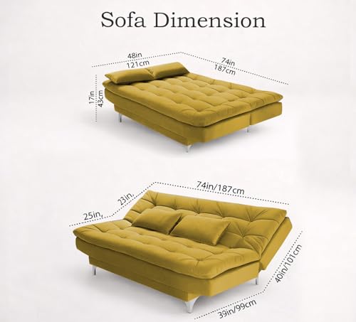 Image of Krancy Solid Wood 3 + 2 Seater Sofa Cum Bed with 2 Cushions | Convertible Wooden Couch for Living Room, Home & Office | Modern Designer Furniture | 3 Years Warranty | Yellow