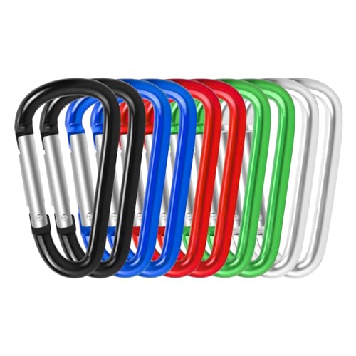 ASLXZRK 10 Pack Carabiner Clip 3’’ Aluminium D-Ring Carabiner Multi-Coloured Carabiner Hooks for Camping, Hiking, Backpacking or Other Outdoor Activities, #8, black,blue,red,green,grey