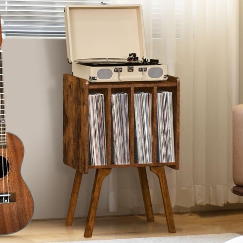 Lerliuo Record Player Stand with Storage Holds Up to 100 Albums, Turntable Stand with Beech Wood Legs, Mid-Century Record Player Table,Brown Vinyl Holder Display Shelf for Bedroom Living Room