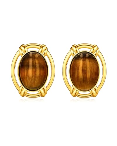 Oval Gold-Plated Tiger Eye Statement Earrings for Women